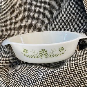 Vintage Pyrex Glasbake Milk Glass Green Daisy Floral Casserole Dish Oval 60’s